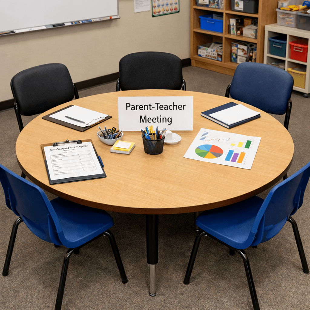 Round table with Parent-Teacher Meeting sign, clipboards, charts, and writing supplies